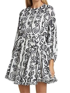 Rhode Dress Luna Fit & Flare Belted Long Sleeve in Dreamer Black White Swirly